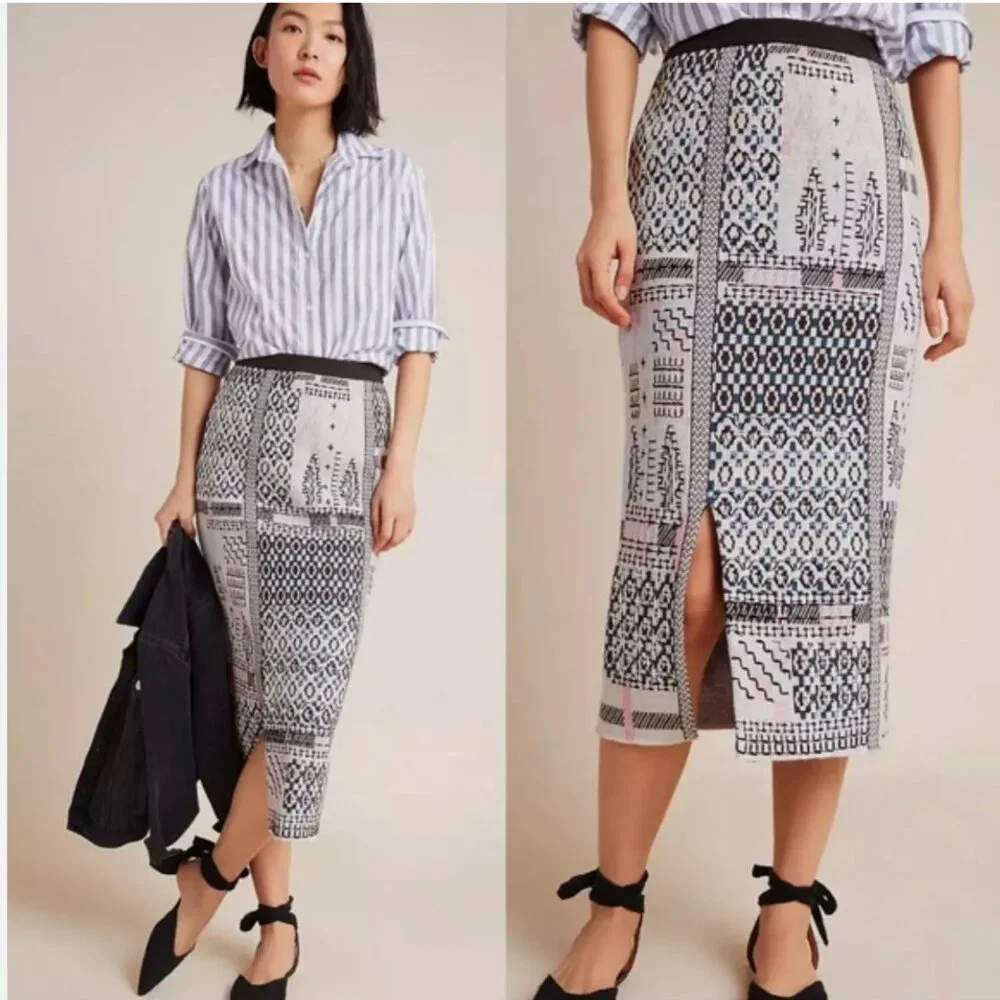 Anthropologie Avery Pencil Skirt Cashmere Wool Knit Embroidered Midi New $198 S - Picture 1 of 13
